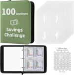 100 Envelopes Money Saving Challenge Binder with Laminated Tracker, PU Money Saving Challenge Budget Binder with Cash Envelopes, Savings Challenge Book with Zipper to Save $5,050 (OliveGreen) - Image 2