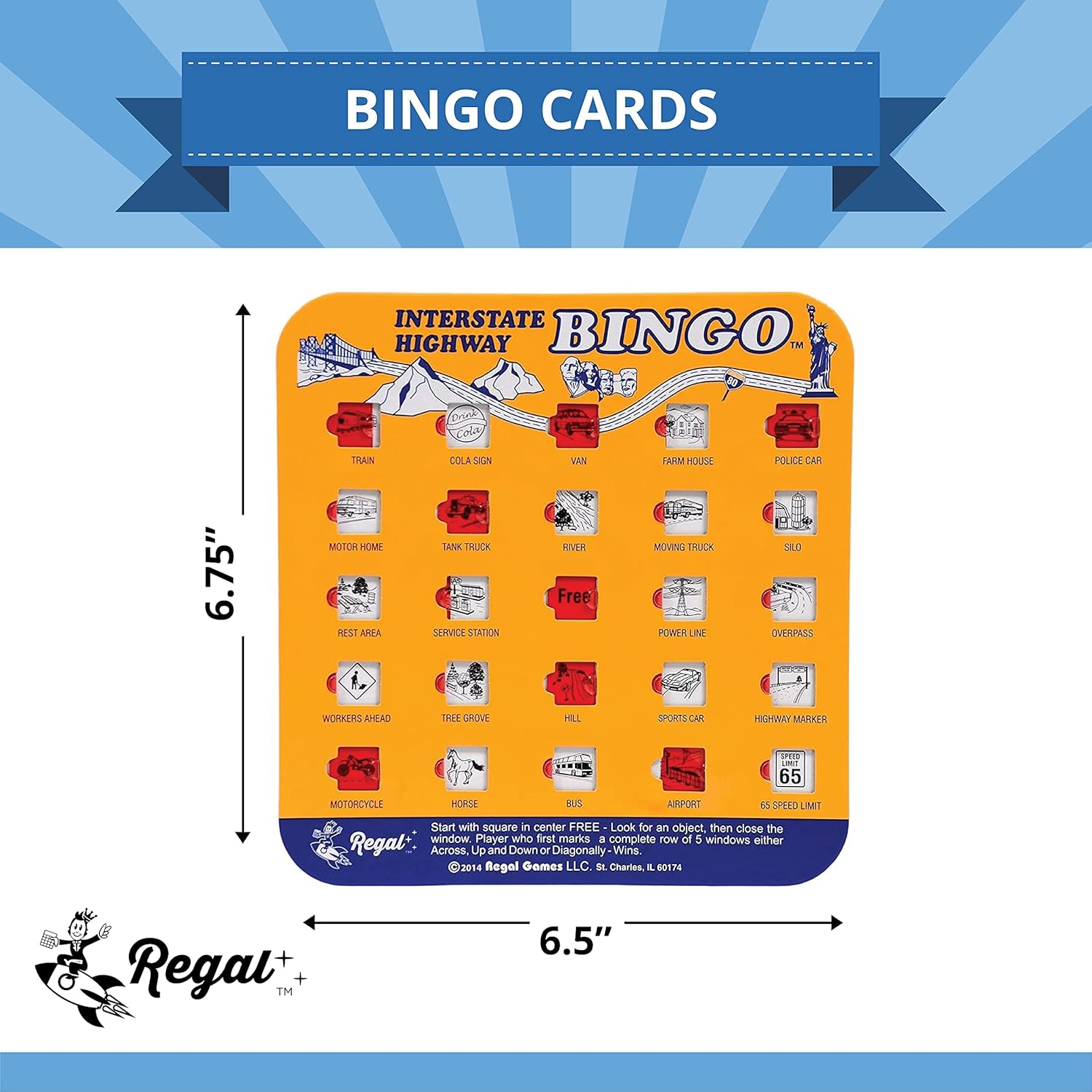 Regal Games Finger-Tip Shutter Bingo Cards with Sliding Windows - Interstate Bingo & Auto Bingo Game - Assorted Colors Travel Bingo Game Set Kids - Reusable, No Chips & Daubers Needed - 4 Packs - Image 3