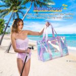 27L Beach Bags for Women, Iridescent Beach Tote Bag with Makeup Bag & Phone Pouch - Waterproof Clear Tote Bag - Image 6