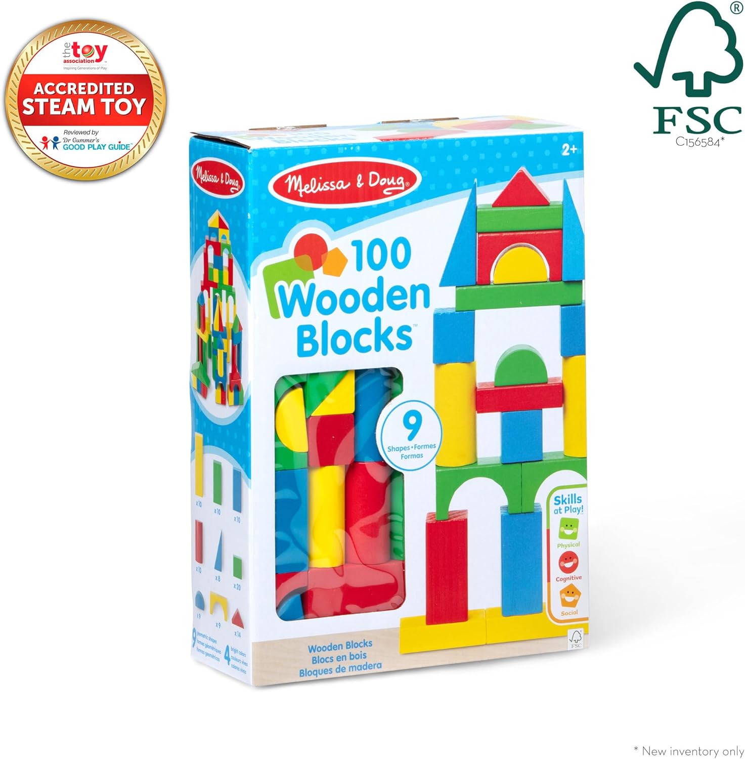 Melissa & Doug Wooden Building Blocks, 100-Piece Set of Sorting & Stacking Toys in 4 Colors and 9 Shapes, Classic Toddler Toys for Girls & Boys Ages 2+ - FSC Certified - Image 4