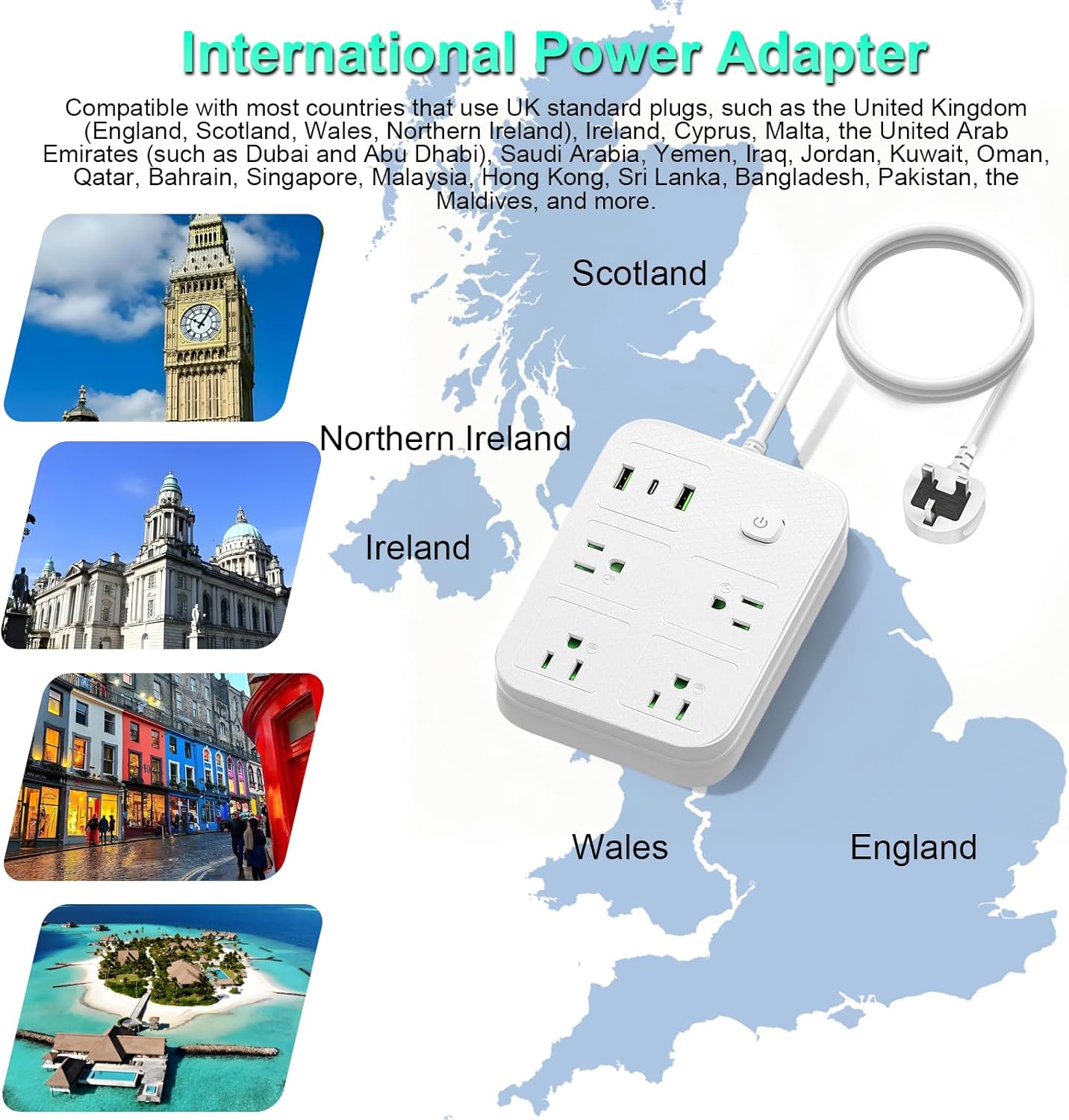 UK Adapters for Travel, UK Power Strip with 4 AC Outlets 1 USB C and 2 USB Ports, UK to US Plug Adapter Type G, UK Outlet Adapter for UK Ireland England Scotland Hong Kong Travel (3ft) - Image 4