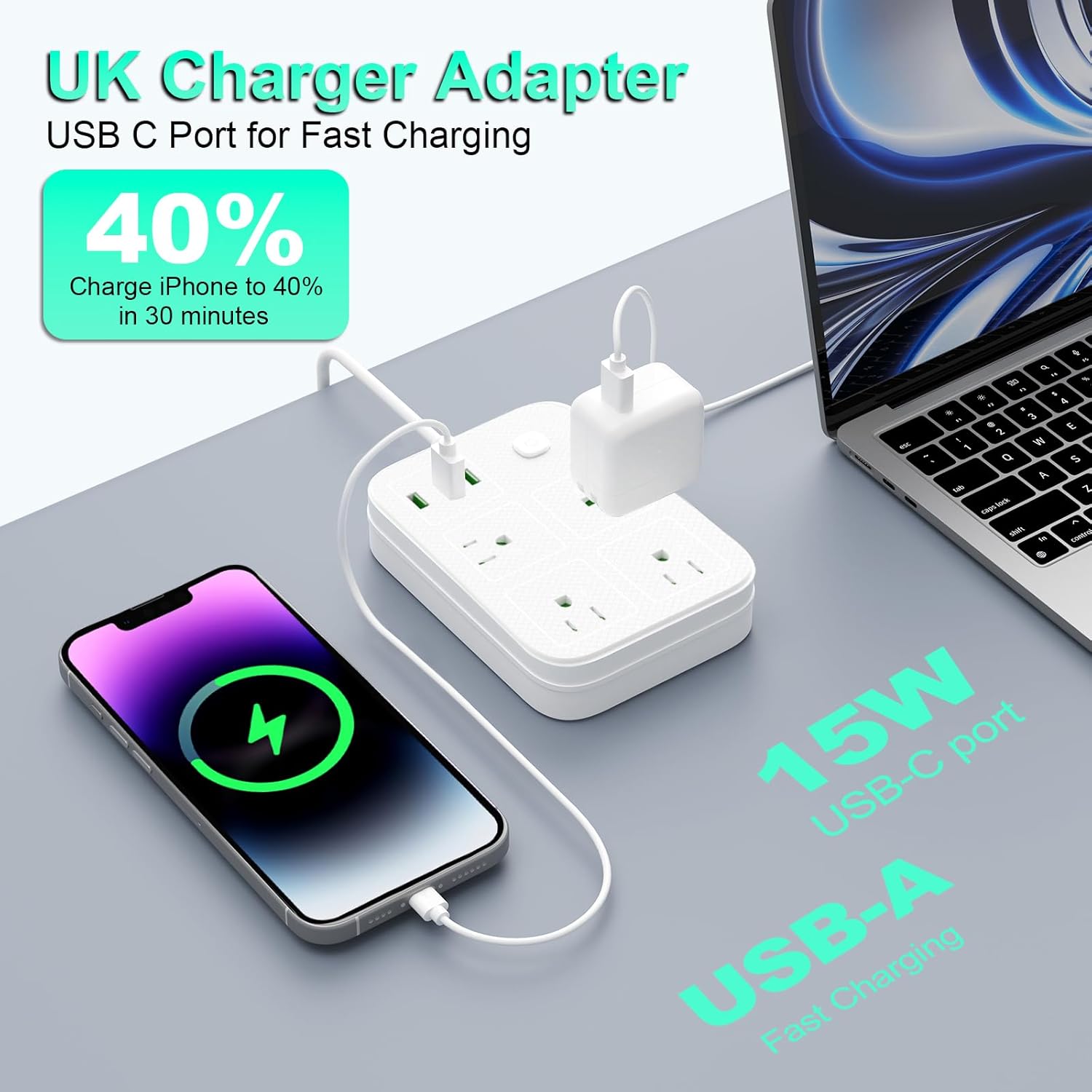 UK Adapters for Travel, UK Power Strip with 4 AC Outlets 1 USB C and 2 USB Ports, UK to US Plug Adapter Type G, UK Outlet Adapter for UK Ireland England Scotland Hong Kong Travel (3ft) - Image 5
