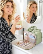 BAGSMART Travel Toiletry Bag, Puffy Large Toiletry Bag for Women, Lightweight Cosmetic Makeup Bag Organizer with Handle for Traveling, Accessories, Essentials, Toiletries (Green) - Image 3