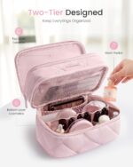 LOVEVOOK Travel Makeup Bag,Large Open Flat Tolietry Bag for Women,Waterproof Portable Cosmetic Pouch,Double Layer Quilted Makeup Bag Organizer With Handle,Travel Essentials,Gift for Her - Image 5