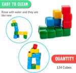 KOMARC GAMES StickiKubes, Mini Stacking Cubes That Stick to Anything, Non Toxic Kid Safe Sticky Blocks, Creative Construction Toy - 125 Cubes, 4 Colors, Tub - Image 5