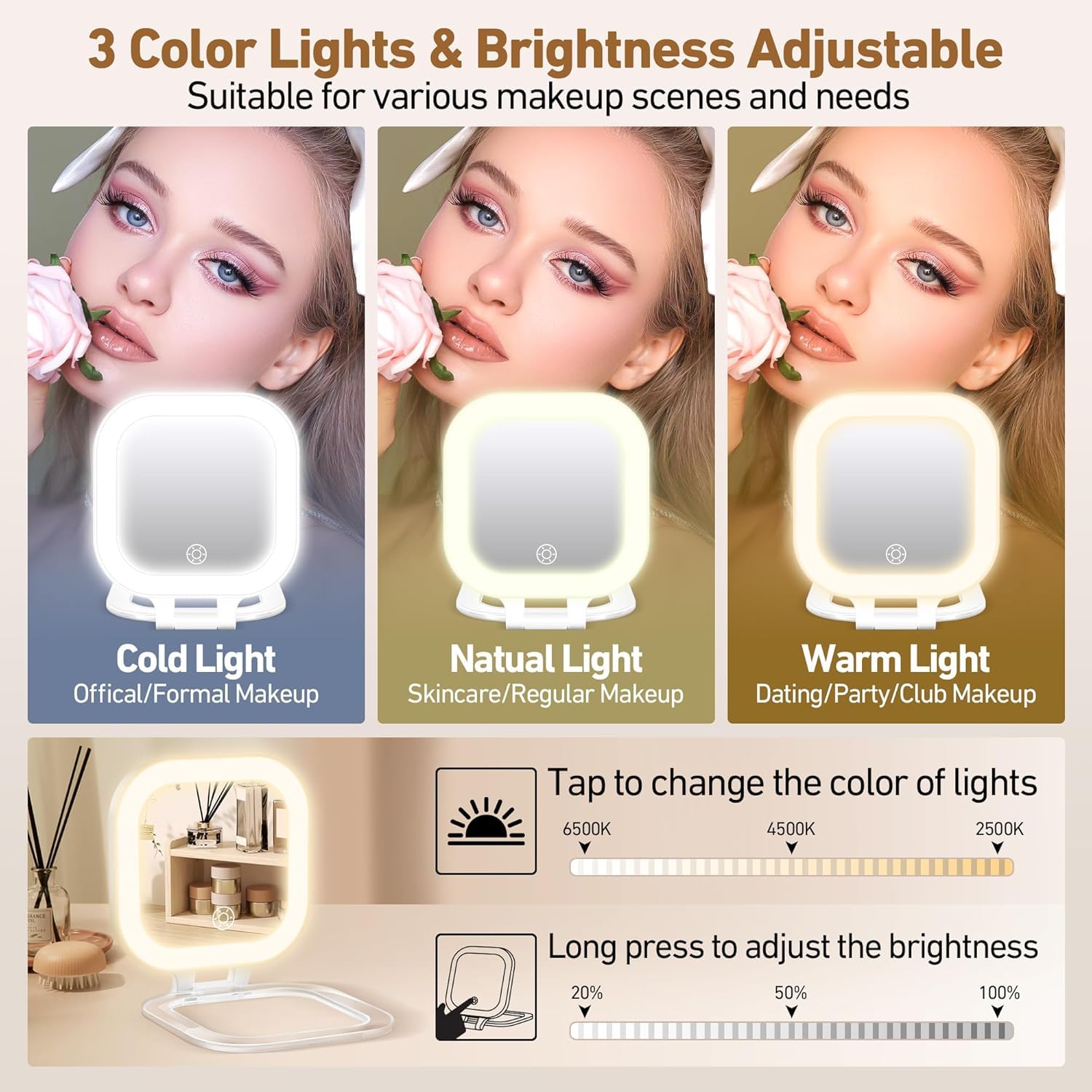 Travel Mirror with Light, Compact Mirrors, 1x/30x Magnifying Mirror with 3 Color Lights and Adjustable Brightness, 4.5x3.9 inch Small Compact Hangable Hand Pocket Mirrors, Comes with Tweezer - Image 5