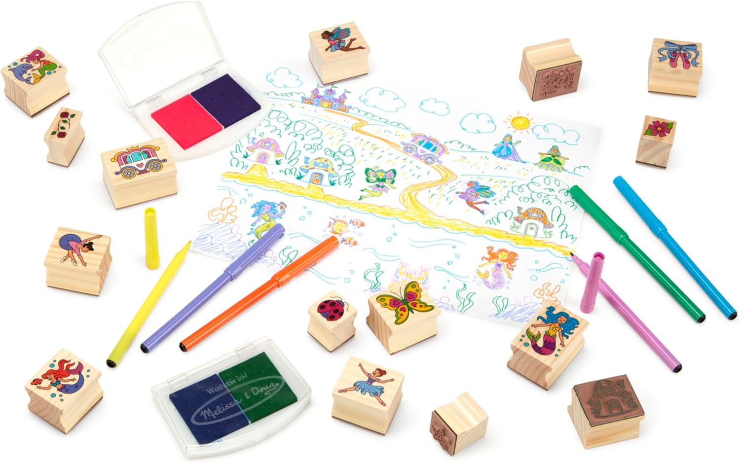 Melissa & Doug Deluxe Wooden Stamp and Coloring Set – Fairy Tale (30 Stamps, 6 Markers, 2 Durable 2-Color Stamp Pads) Fairy Tale-Themed Wooden Stamps for Kids and Coloring Activity Set - Image 5