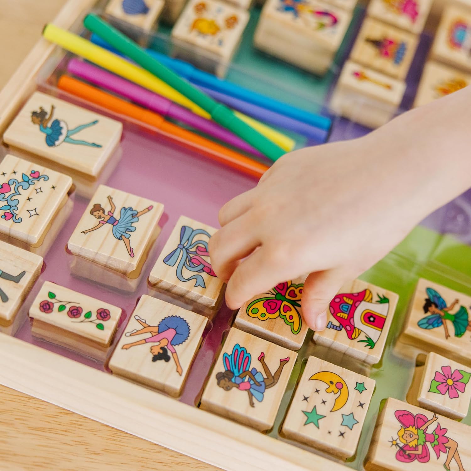 Melissa & Doug Deluxe Wooden Stamp and Coloring Set – Fairy Tale (30 Stamps, 6 Markers, 2 Durable 2-Color Stamp Pads) Fairy Tale-Themed Wooden Stamps for Kids and Coloring Activity Set - Image 9