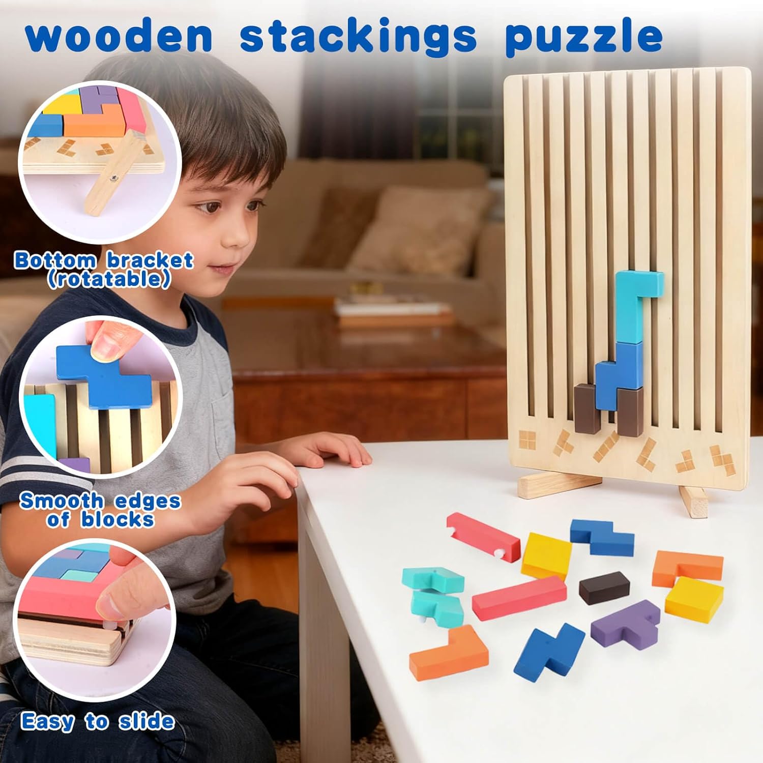 Wooden Colored 3D Russian Block Stacking Puzzle, Montessori Educational Toy for Toddlers Ages 3+ Fun Brain Teasers Family Board Game and Classroom Activities - Image 4