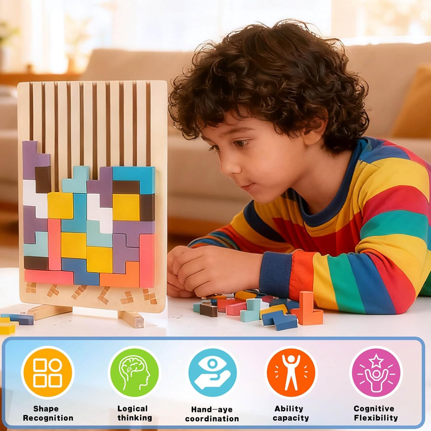 Wooden Colored 3D Russian Block Stacking Puzzle, Montessori Educational Toy for Toddlers Ages 3+ Fun Brain Teasers Family Board Game and Classroom Activities - Image 5