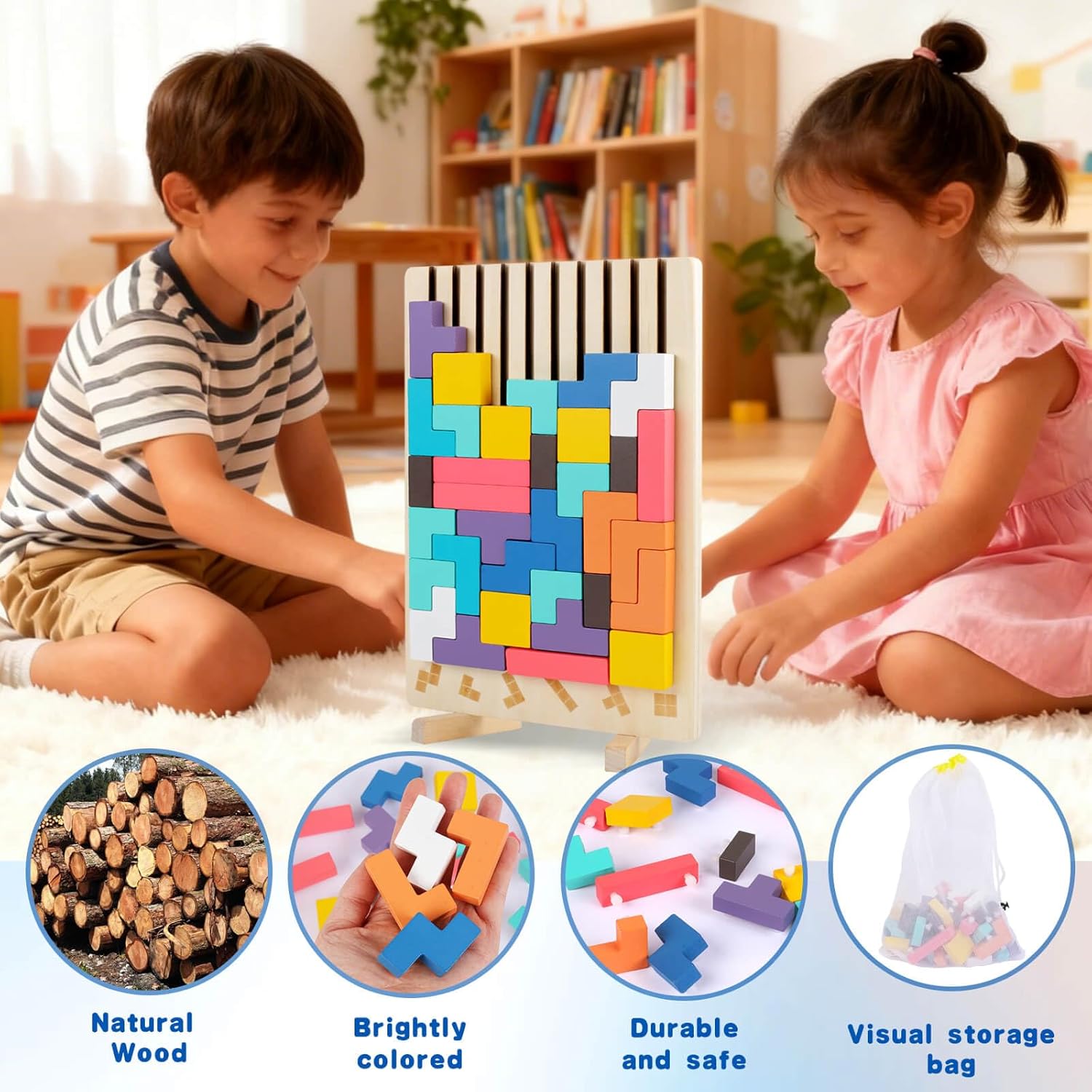 Wooden Colored 3D Russian Block Stacking Puzzle, Montessori Educational Toy for Toddlers Ages 3+ Fun Brain Teasers Family Board Game and Classroom Activities - Image 7