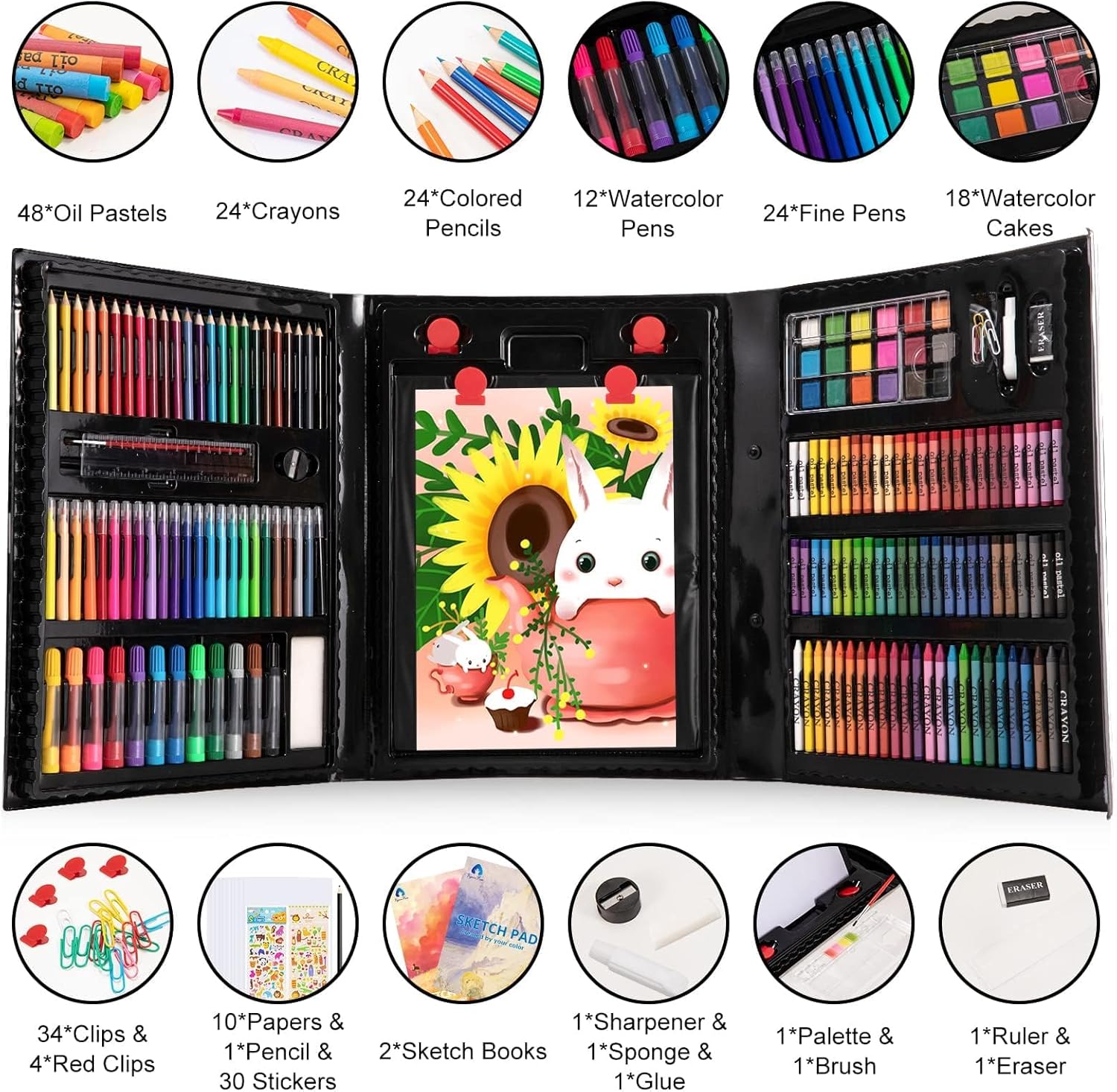 VigorFun Art Supplies, 240-Piece Art Set Crafts Drawing Kits with Double Sided Trifold Easel, Sketch Pads, Crayons, Colored Pencils, Gifts for Kids Girls Boys Teen Ages 4-6-8-9-12 (Black) - Image 3
