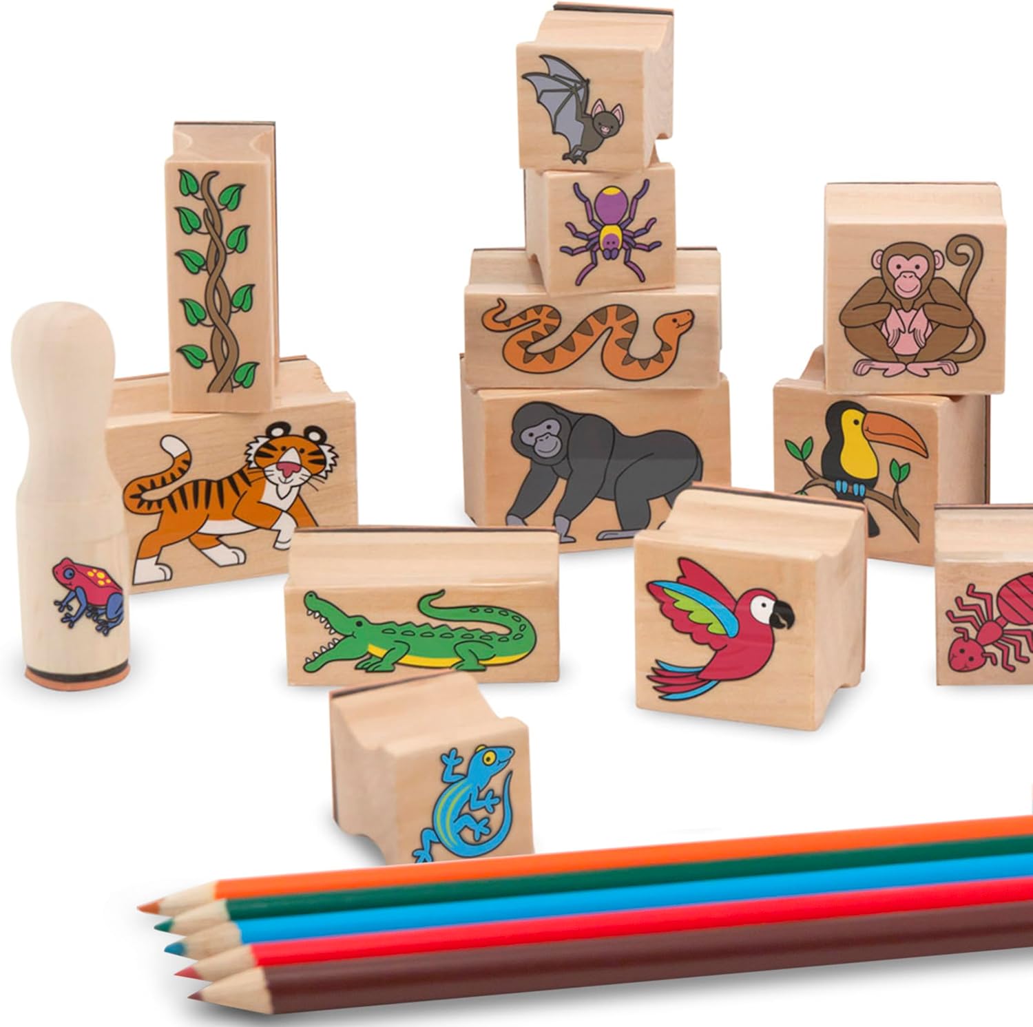 Melissa & Doug Stamp-a-Scene Stamp Set: Rain Forest - 20 Wooden Stamps, 5 Colored Pencils, and 2-Color Stamp Pad - Image 7