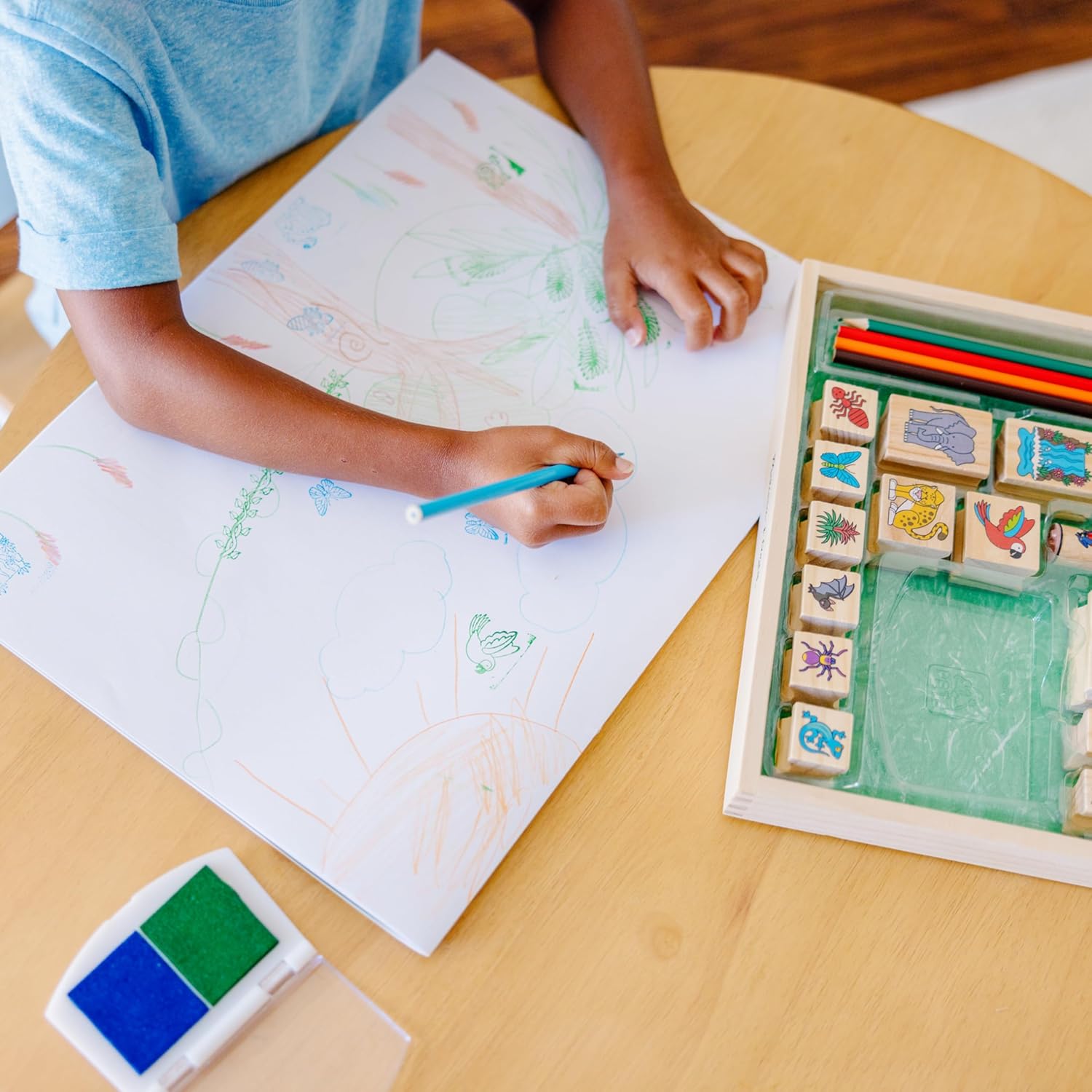 Melissa & Doug Stamp-a-Scene Stamp Set: Rain Forest - 20 Wooden Stamps, 5 Colored Pencils, and 2-Color Stamp Pad - Image 8
