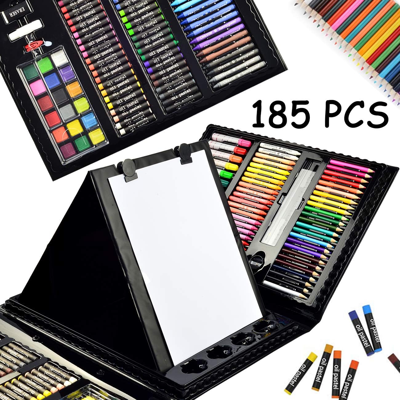 Sunnyglade 185 Pieces Double Sided Trifold Easel Art Set, Drawing Art Box with Oil Pastels, Crayons, Colored Pencils, Markers, Paint Brush, Watercolor Cakes, Sketch Pad - Image 3
