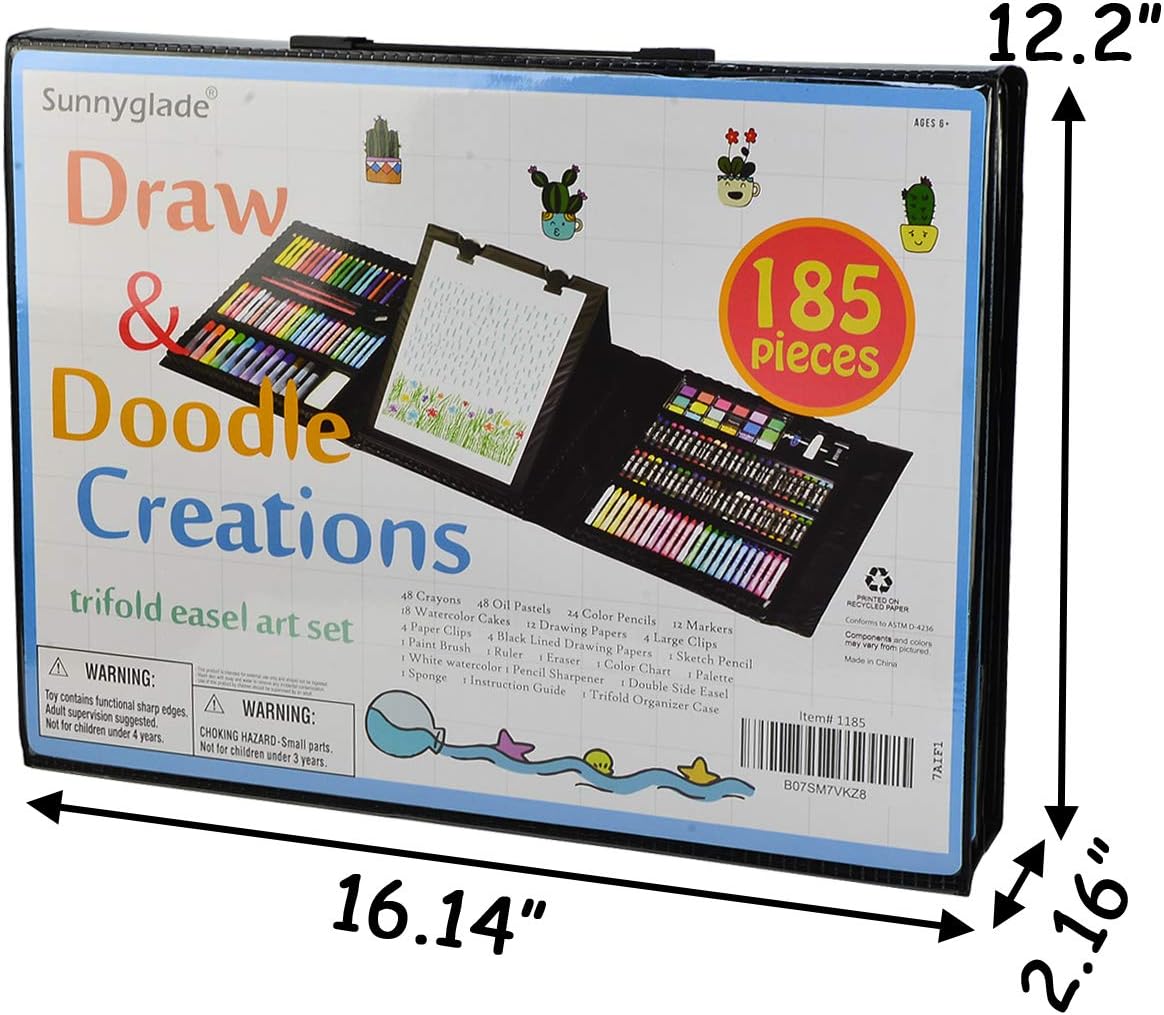 Sunnyglade 185 Pieces Double Sided Trifold Easel Art Set, Drawing Art Box with Oil Pastels, Crayons, Colored Pencils, Markers, Paint Brush, Watercolor Cakes, Sketch Pad - Image 5