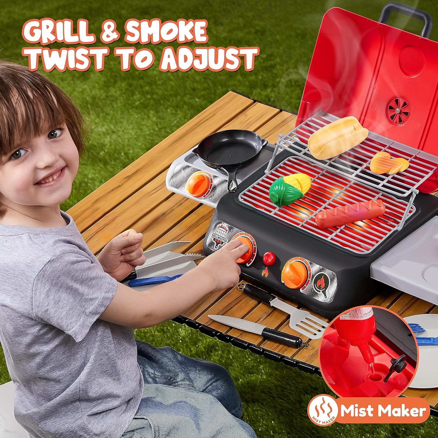 Kids BBQ Grill Playset, Kitchen Toy Set with Pretend Smoke, Light, Sound & Color-Changing Food, Play Kitchen Accessories, Indoor Outdoor Cooking Toy for Boys Girls Kids Birthday Gift - Image 3
