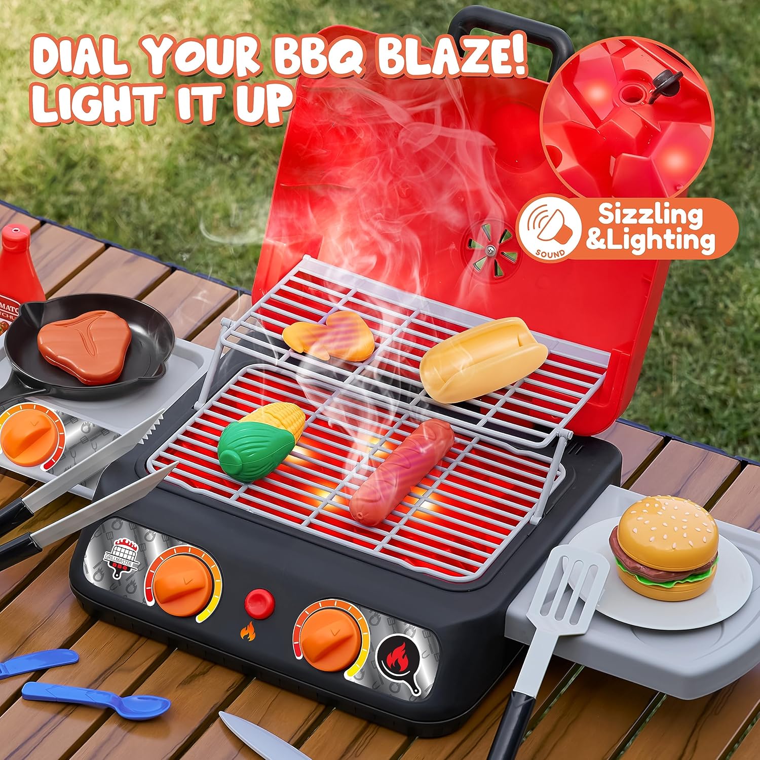 Kids BBQ Grill Playset, Kitchen Toy Set with Pretend Smoke, Light, Sound & Color-Changing Food, Play Kitchen Accessories, Indoor Outdoor Cooking Toy for Boys Girls Kids Birthday Gift - Image 5