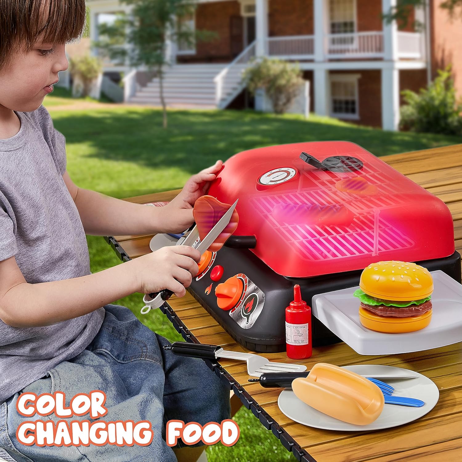 Kids BBQ Grill Playset, Kitchen Toy Set with Pretend Smoke, Light, Sound & Color-Changing Food, Play Kitchen Accessories, Indoor Outdoor Cooking Toy for Boys Girls Kids Birthday Gift - Image 7