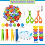 119Pcs Kid Tweezers fine Motor Skills Set,Helping Hands fine Motor Tool Set，Includes 100 Pcs Pompoms,12 Cups,4 Tweezers,2 Clips,1 Storage Box for Counting Sorting Training - Image 3