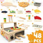 Wooden Pizza Toy - 48 PCS Montessori Pretend Play Food for Ages 3+, Educational Learning Toy Wooden Playset with Bake Oven, Christmas Birthday Gift for 3 4 5 6 Year Old - Image 3