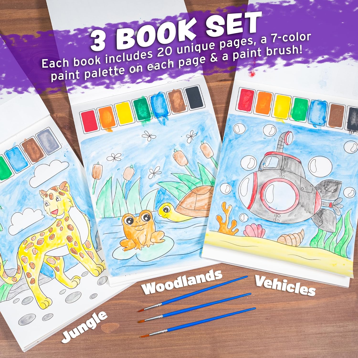 Imagination Works® Paint with Water Books for Kids, 3 Pack | Watercolor Coloring Book Set for Toddler Activities | Spillproof Kids Paint Palettes on Each Page (Jungle, Vehicles, Woodland) - Image 3