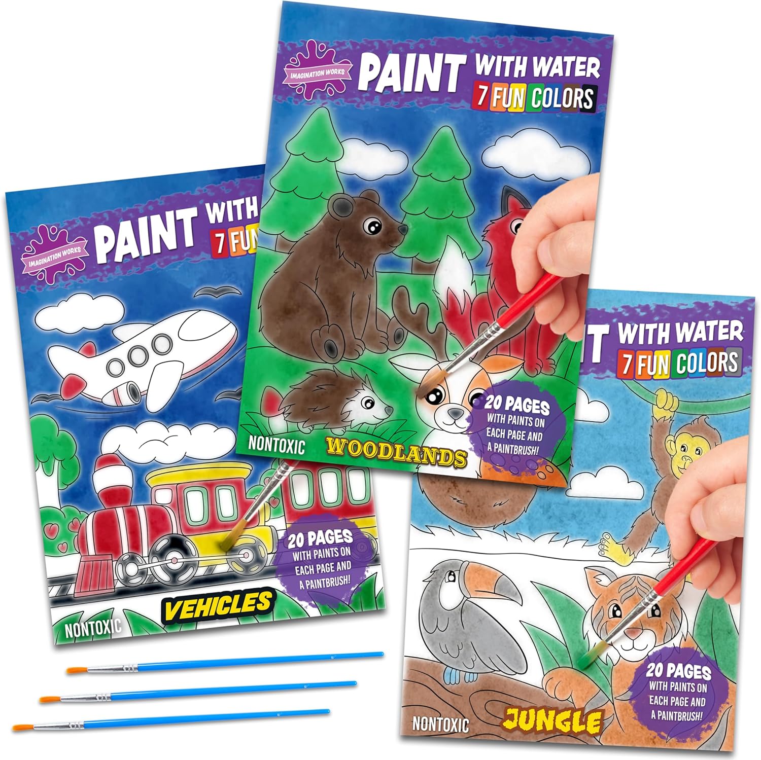 Imagination Works® Paint with Water Books for Kids, 3 Pack | Watercolor Coloring Book Set for Toddler Activities | Spillproof Kids Paint Palettes on Each Page (Jungle, Vehicles, Woodland) - Image 9