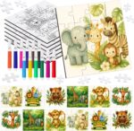 72 Pcs Safari Party Favors Jungle Animals Paper Puzzle Gifts Bulk Christmas DIY Puzzle Arts and Crafts Kit with Cards Colour Pen for Birthday Christmas Party Favors and Gift Supplies Bulk - Image 2