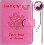 Airtag Passport Holder Cover Wallet RFID Blocking Leather Case Travel Essentials Luggage Accessories Travel Must Have(118#Pink) - Image 2