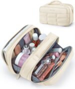 BAGSMART Toiletry Bag for Women, Travel Makeup Bag, Wide-open Portable Make Up Bag Organizer for Women for Travel Essentials Travel-Size Toiletries Accessories Bottles, Brushes, Beige - Image 2