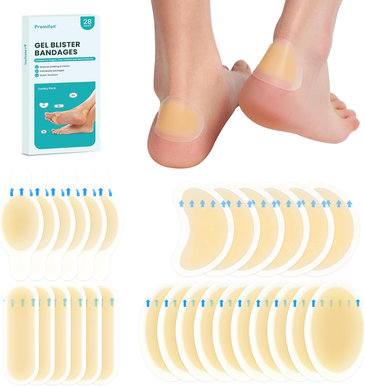 Blister Pads - 28 ct Water Resistant Hydrocolloid Bandages for Foot, Toe, Heel - Gel Blister Cushions for Prevention & Recovery, Variety Pack - Image 2