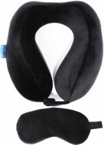 Brookstone Memory Foam Neck Travel Pillow Set - High Density Stuffable U Shaped Travel Neck Pillow and Sleep Mask Set for Car, Airplane Travels and Sleep, Black Contoured - Image 2
