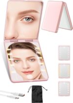 Compact Mirror, Rechargeable 30X Magnifying Mirror with 3 Lighting Modes & Dimmable Brightness, Portable Travel Makeup Mirror with Light, Essentials for Travel, Pocket, Purse, Gifts for Women Pink - Image 2