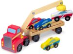 Melissa & Doug Magnetic Car Loader Wooden Toy Set with 4 Cars and 1 Semi-Trailer Truck Crane Wooden Toy, Vehicle Toys for Kids Ages 3+ - Image 2