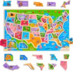 Montessori Mama USA Map Wooden Puzzle, Puzzles for Kids Ages 4-6 Educational Toys for 4 Year Old Kids Puzzles Ages 5-8 Landmarks, Animals, Capitols and States - Image 2