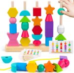 Montessori Wooden Beads Sequencing Toy Set, Stacking Blocks & Lacing Beads & Matching Shape Stacker for 2 3 4 5 Year Old STEM Preschool Learning Montessori Toys Gifts for Kids Boy Girl Toddler - Image 2