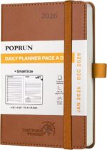 POPRUN Daily Planner 2026 (Jan - Dec), (Purse Size-4.25" x 6.25") 2026 Daily Calendar with One Page Per Day Even Weekends, Hourly Appointment Book with Pocket, PU Leather Softcover - Brown - Image 2