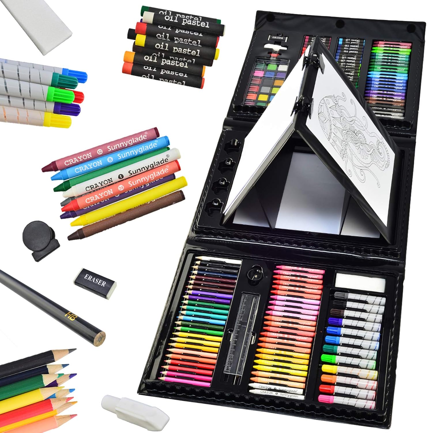Sunnyglade 185 Pieces Double Sided Trifold Easel Art Set, Drawing Art Box with Oil Pastels, Crayons, Colored Pencils, Markers, Paint Brush, Watercolor Cakes, Sketch Pad - Image 2