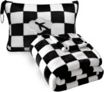 Travel Blanket and Pillow Compact, Premium Soft 2 in 1 Airplane Blanket with Soft Bag Pillowcase，Hand Luggage Sleeve and Backpack Clip (Checkered Black) - Image 2