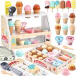 Wooden Ice Cream Toys Kids Play Store Pretend Toy for Toddlers, Play Kitchen Accessories with Scoop, Menu, Fake Money, Ice Cream Play Set Birthday Christmas Gifts for 3 4 5 6 Year Old Girls Boys - Image 2
