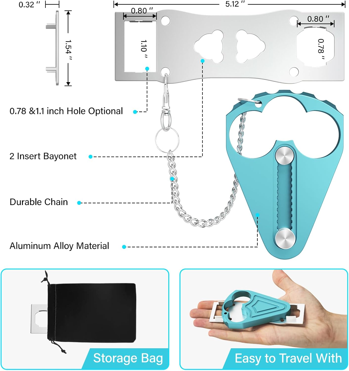 Portable Door Lock for Hotel Door Safety- Metal Hotel Door Locks for Travelers Security-Travel Door Lock Latches & Bolts for Additional Safety Prevent Unauthorized Entry, Blue - Image 7