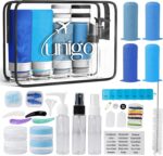 unigo Travel Bottles Set for Toiletries - Leakproof Refillable Travel Size Containers, TSA Approved Bottles with Labels, Brush & Covers for Carry-On Travel (Blue) - Image 2